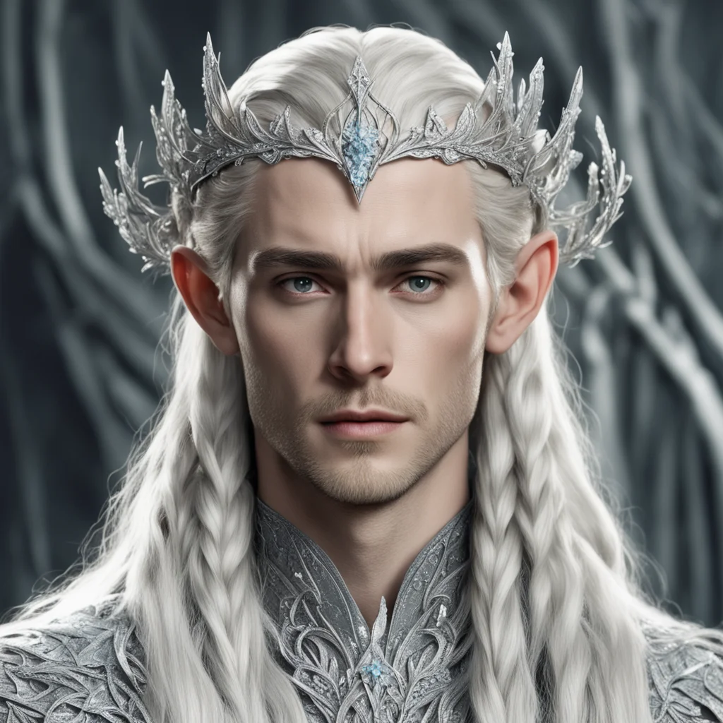 king thranduil with blond hair and braids wearing silver vines encrusted with diamonds and silver flowers encrusted with diamonds to form a fancy silver elvish circlet with large center diamond