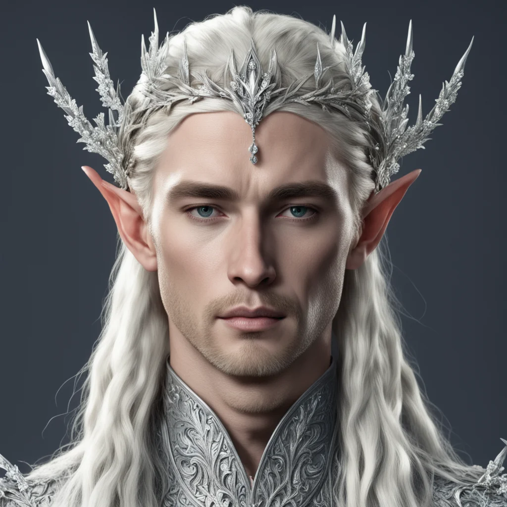 aiking thranduil with blond hair and braids wearing silver vines encrusted with diamonds and silver flowers encrusted with diamonds to form a silver elvish circlet with large center diamond