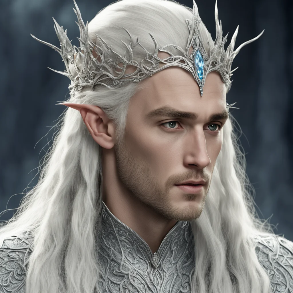 king thranduil with blond hair and braids wearing silver vines encrusted with diamonds forming a silver elvish circlet with large center diamond  confident engaging wow artstation art 3