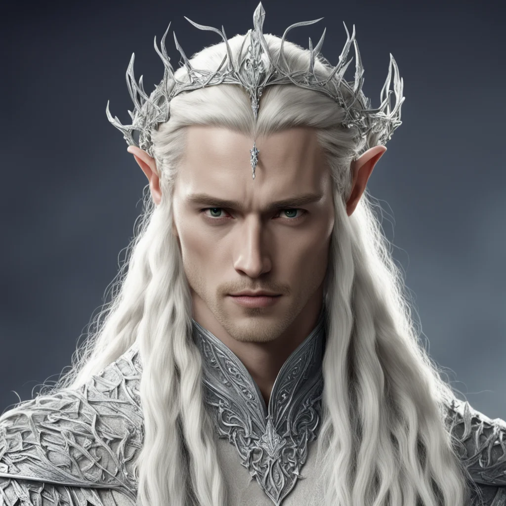 king thranduil with blond hair and braids wearing silver vines encrusted with diamonds intertwined to form a silver elvish circlet with large center diamond  amazing awesome portrait 2