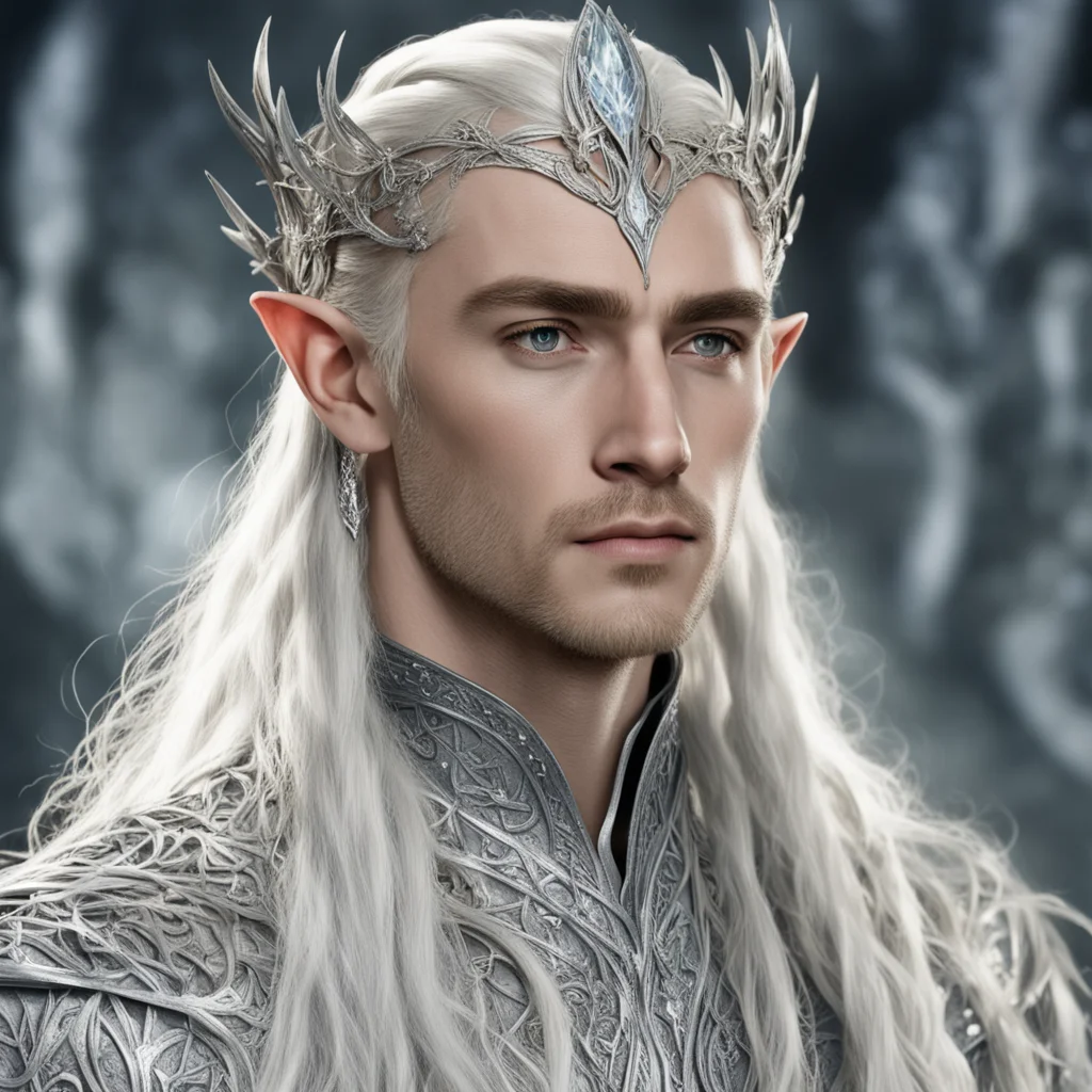 king thranduil with blond hair and braids wearing silver vines encrusted with diamonds intertwined to form a silver elvish circlet with large center diamond  good looking trending fantastic 1