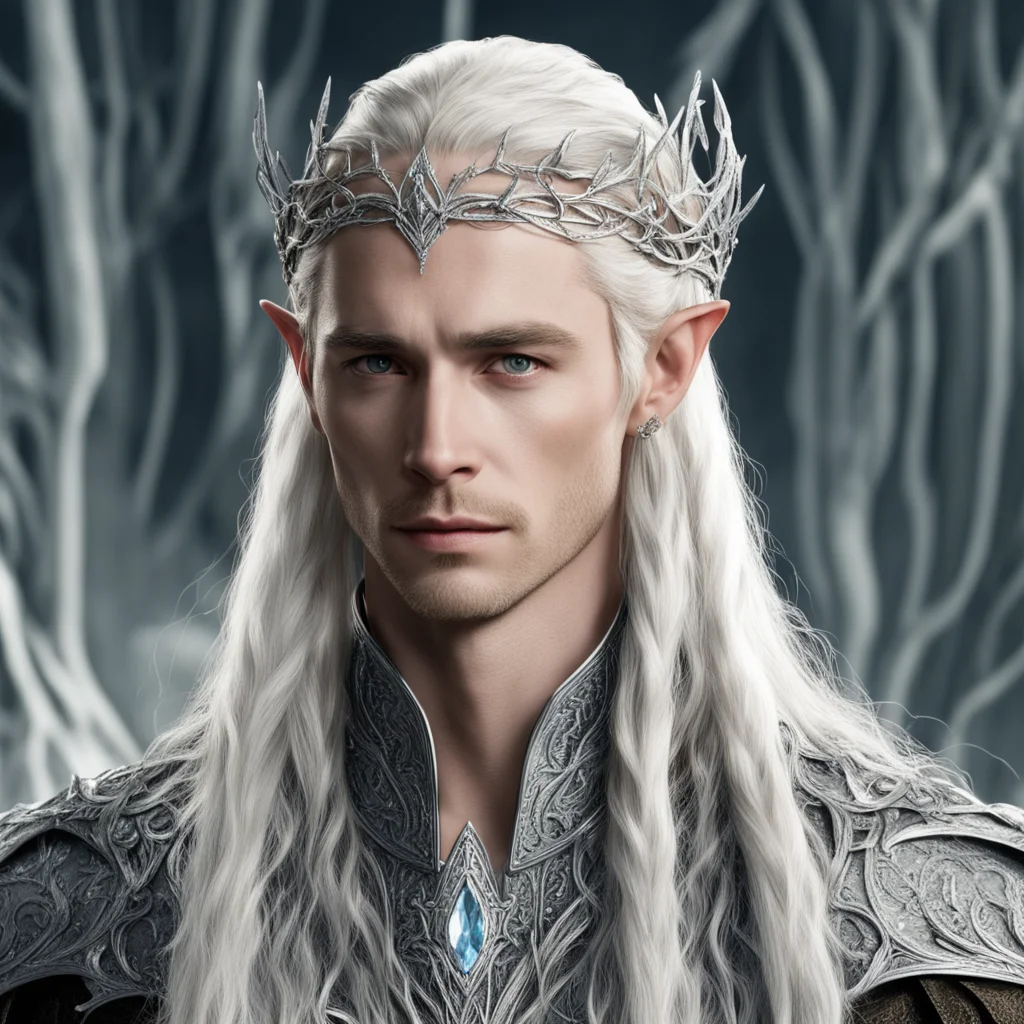 king thranduil with blond hair and braids wearing silver vines encrusted with diamonds intertwined to form a silver elvish circlet with large center diamond 