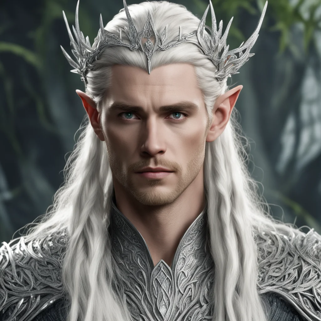 king thranduil with blond hair and braids wearing silver vines encrusted with diamonds intertwined to form a silver elvish circlet with large center diamond