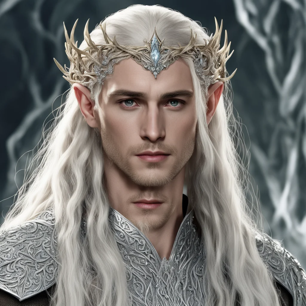 king thranduil with blond hair and braids wearing silver vines encrusted with diamonds with clusters of diamonds to form silver elvish circlet with center diamond  amazing awesome portrait 2