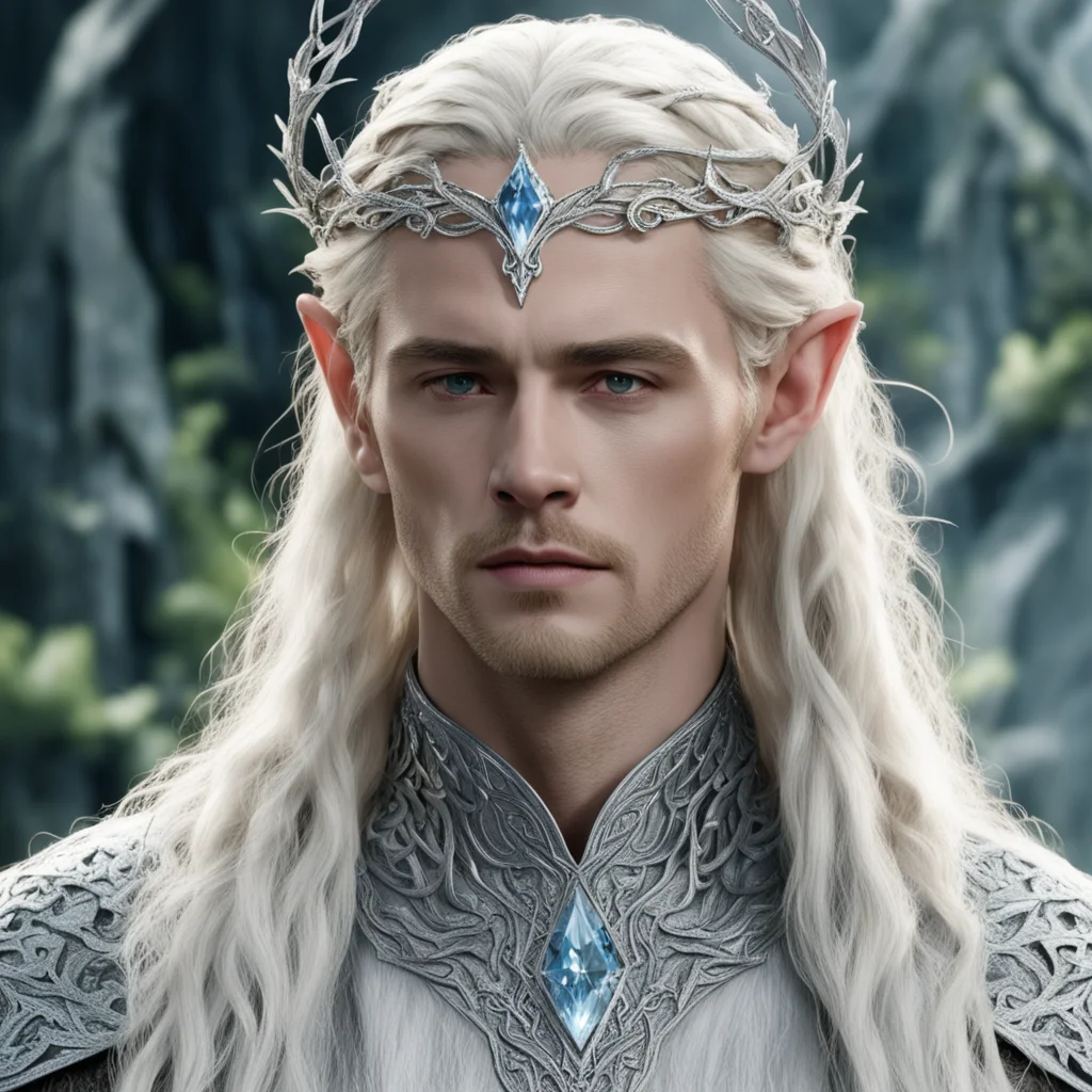 king thranduil with blond hair and braids wearing silver vines intertwined silver elvish circlet encrusted with diamonds with large diamond at the center  good looking trending fantastic 1