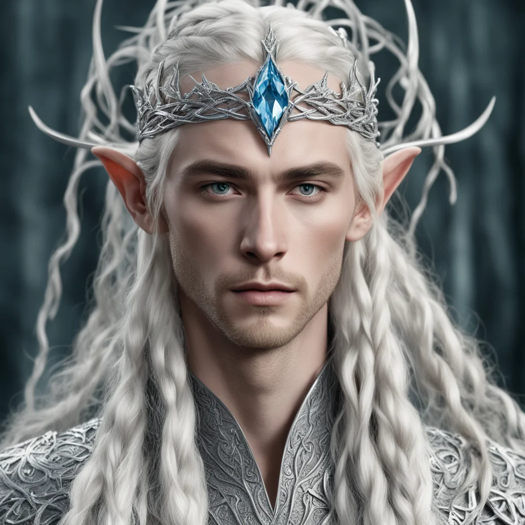 king thranduil with blond hair and braids wearing silver vines intertwined silver elvish circlet encrusted with diamonds with large diamond at the center 