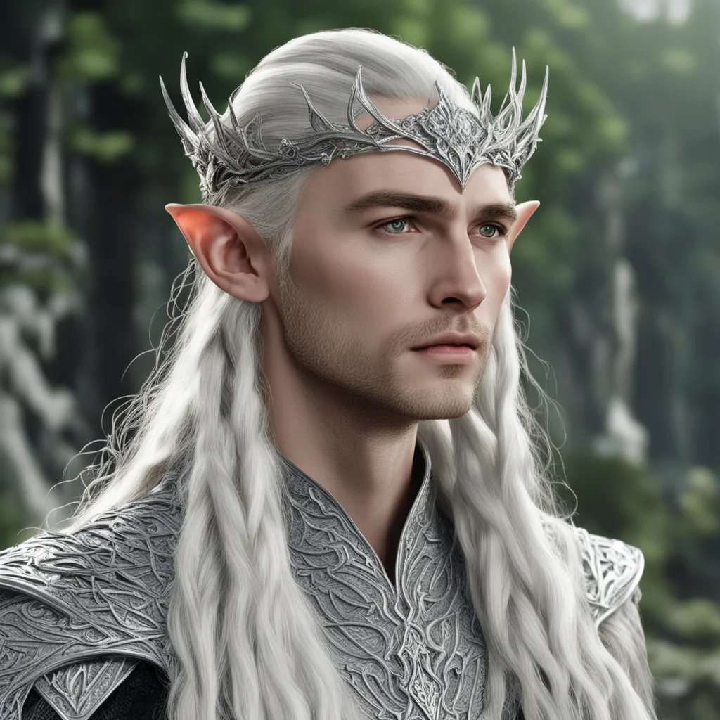 king thranduil with blond hair and braids wearing silver vines intertwined together to form elvish silver circlet encrusted with large diamonds with large center diamond 
