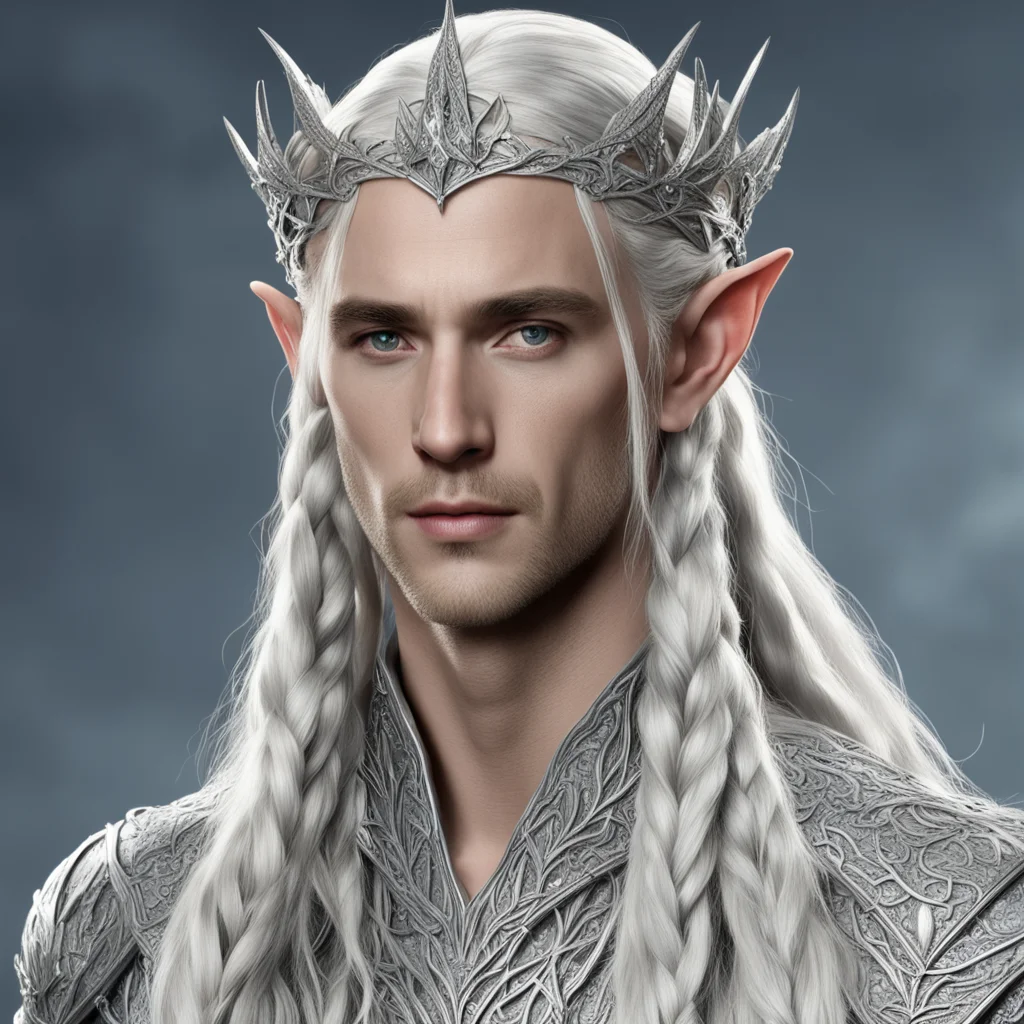 king thranduil with blond hair and braids wearing silver vines intertwined together to form elvish silver circlet encrusted with large diamonds with large center diamond