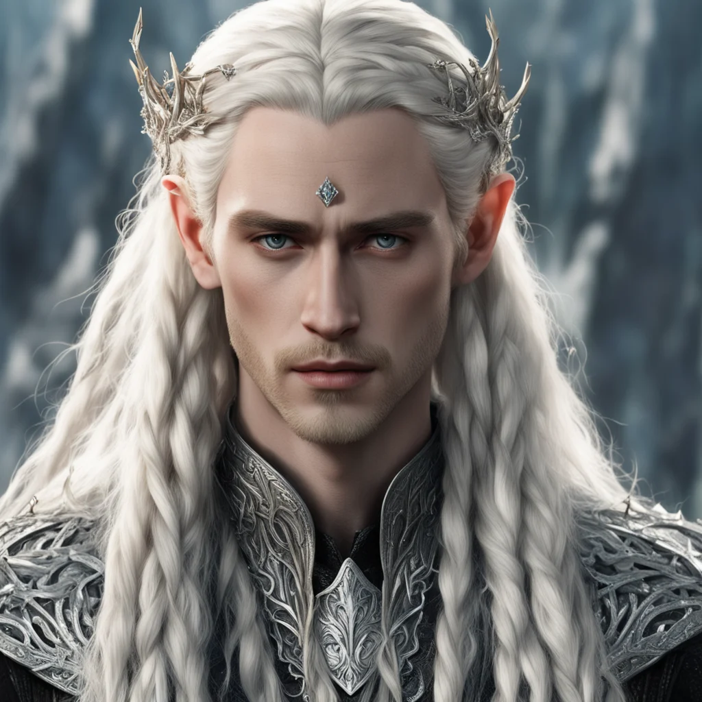 king thranduil with blond hair and braids wearing silver vines with diamonds in hair confident engaging wow artstation art 3