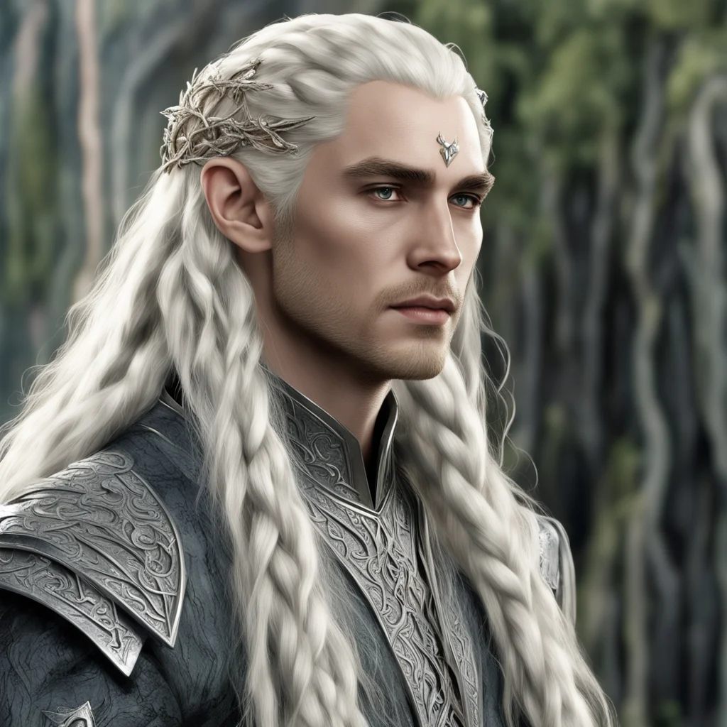 king thranduil with blond hair and braids wearing silver vines with diamonds in the hair confident engaging wow artstation art 3