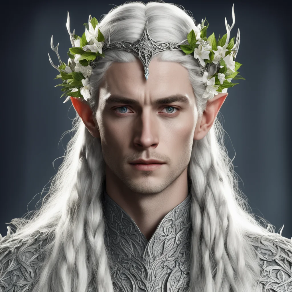 aiking thranduil with blond hair and braids wearing silver vines with flowers encrusted with diamonds to form a silver elvish circlet with large center diamond amazing awesome portrait 2