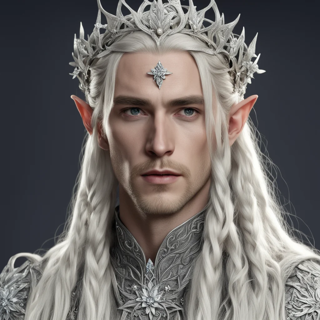 king thranduil with blond hair and braids wearing silver vines with flowers encrusted with diamonds to form a silver elvish circlet with large center diamond good looking trending fantastic 1