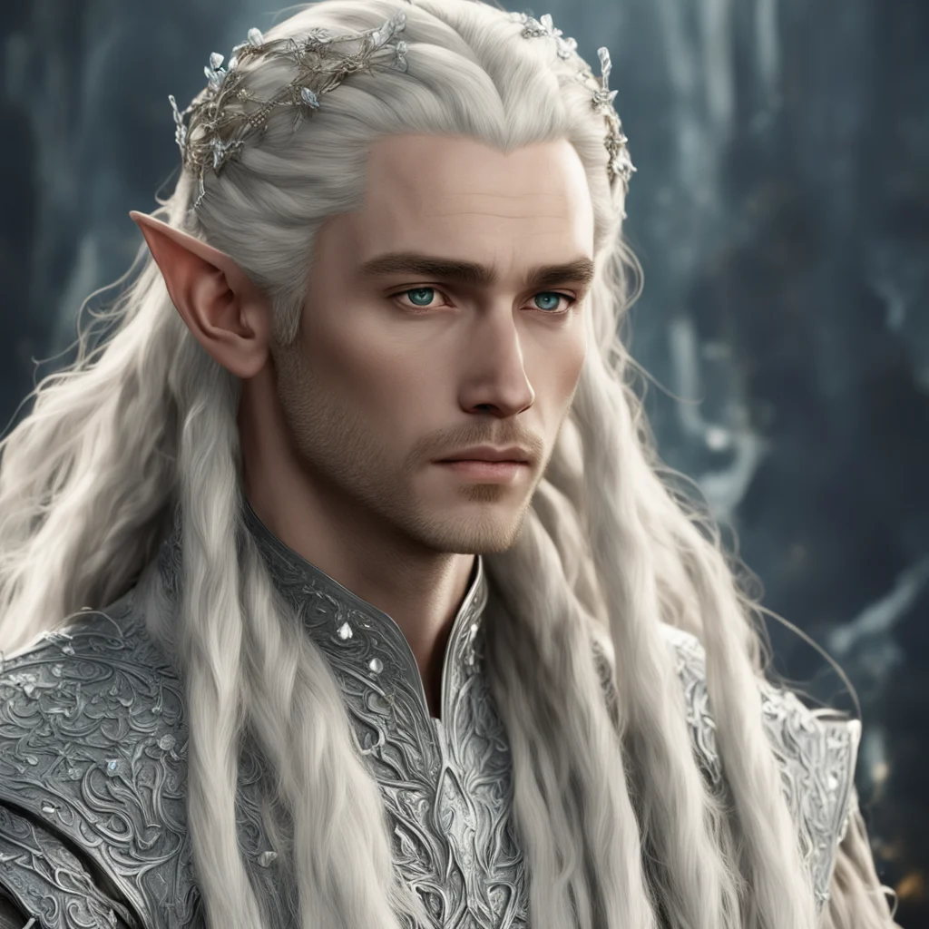 king thranduil with blond hair and braids wearing silver vines with large diamond clusters confident engaging wow artstation art 3