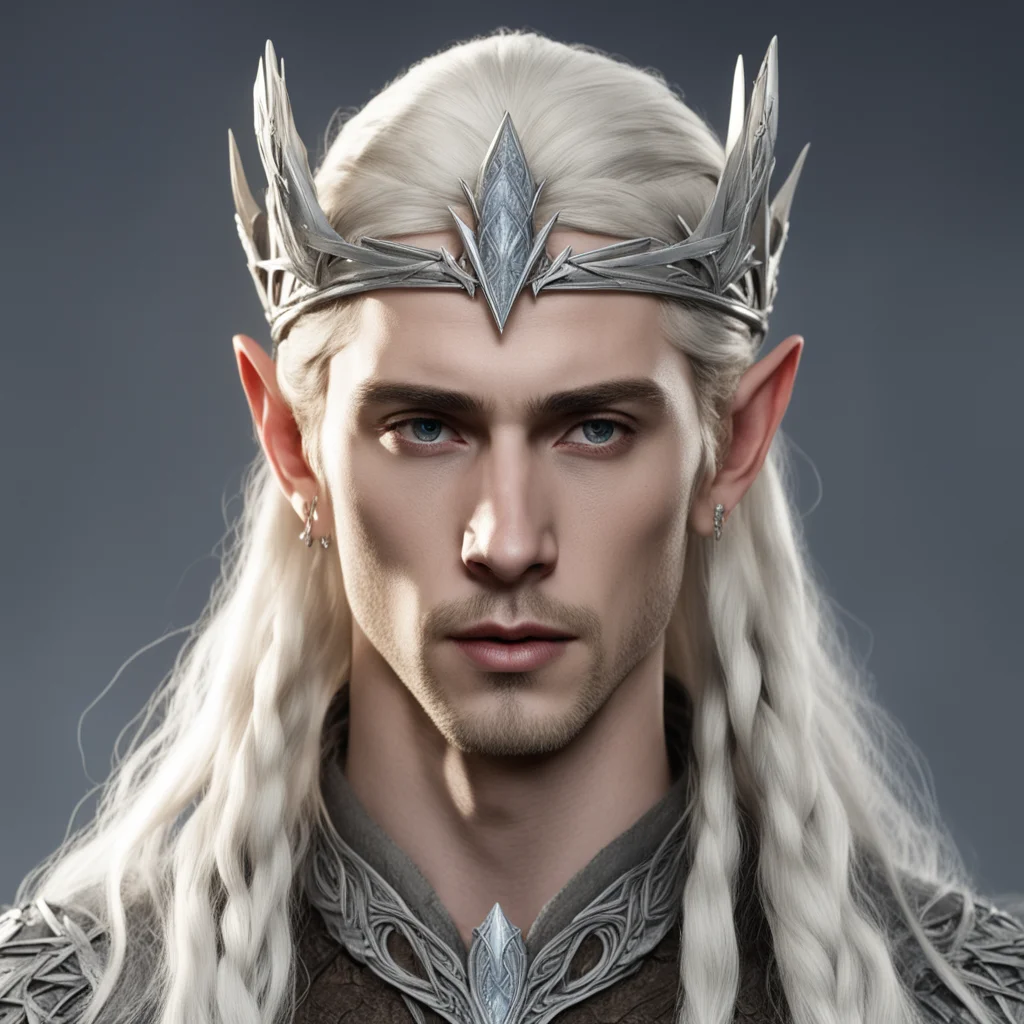 king thranduil with blond hair and braids wearing silver wood elf circlet with large center diamond confident engaging wow artstation art 3