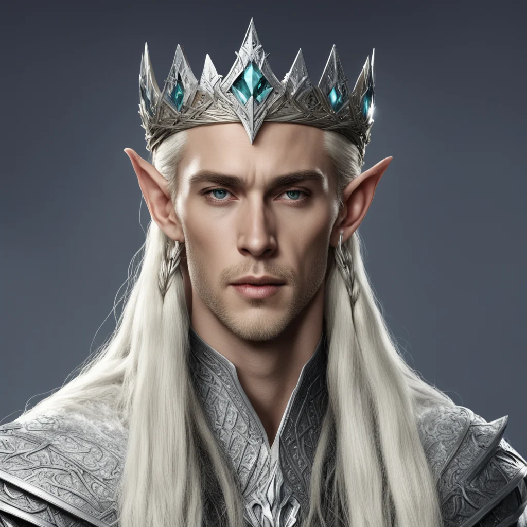 king thranduil with blond hair and braids wearing silver wood elf crown with large diamonds confident engaging wow artstation art 3