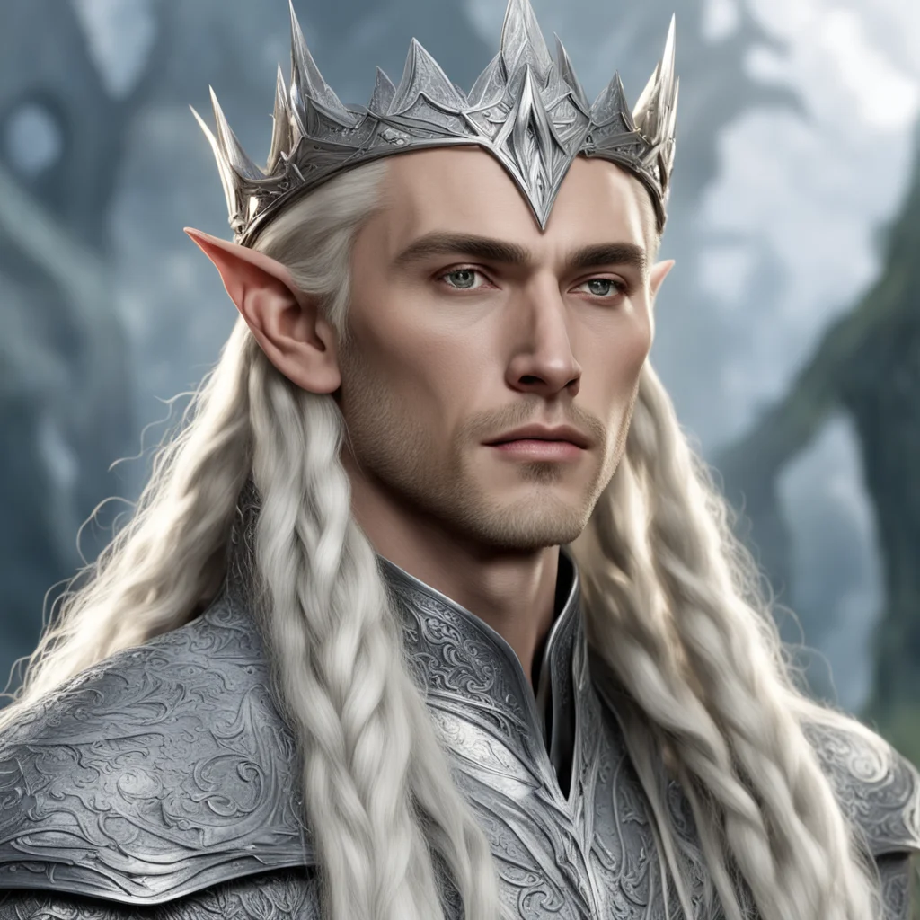 king thranduil with blond hair and braids wearing silver wood elf crown with large diamonds