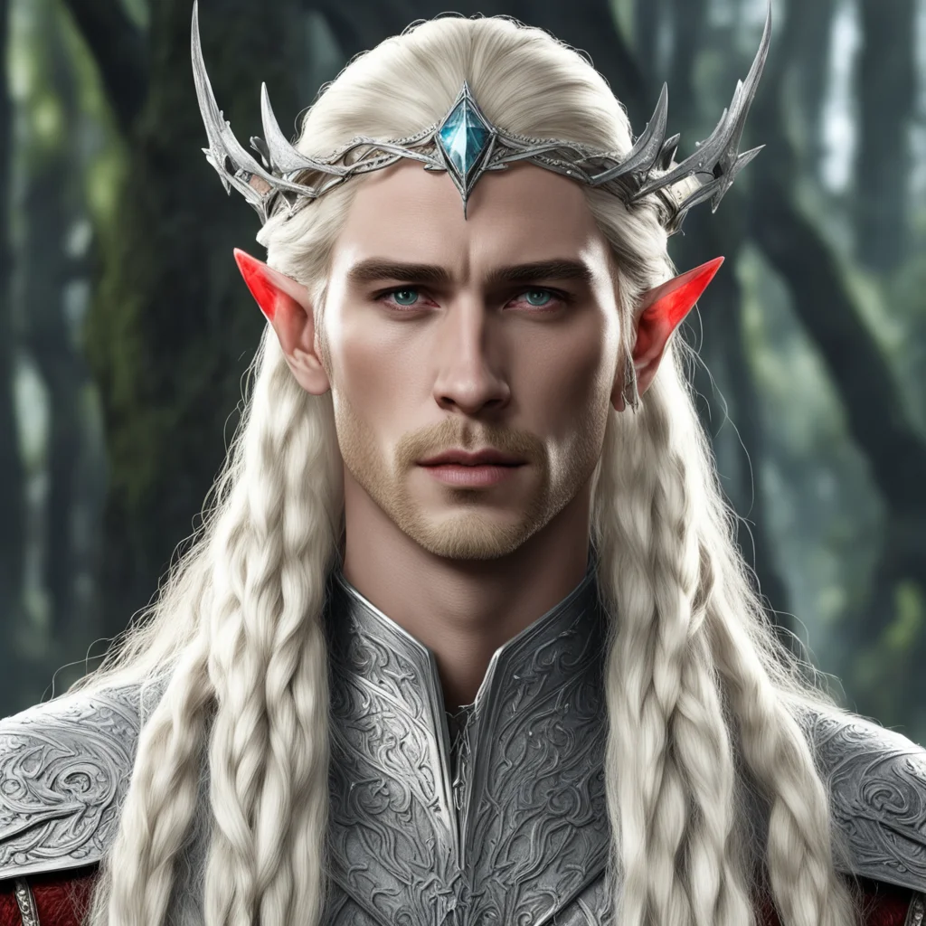 king thranduil with blond hair and braids wearing silver wood elven circlet studded with diamonds with large center reddish diamond  good looking trending fantastic 1