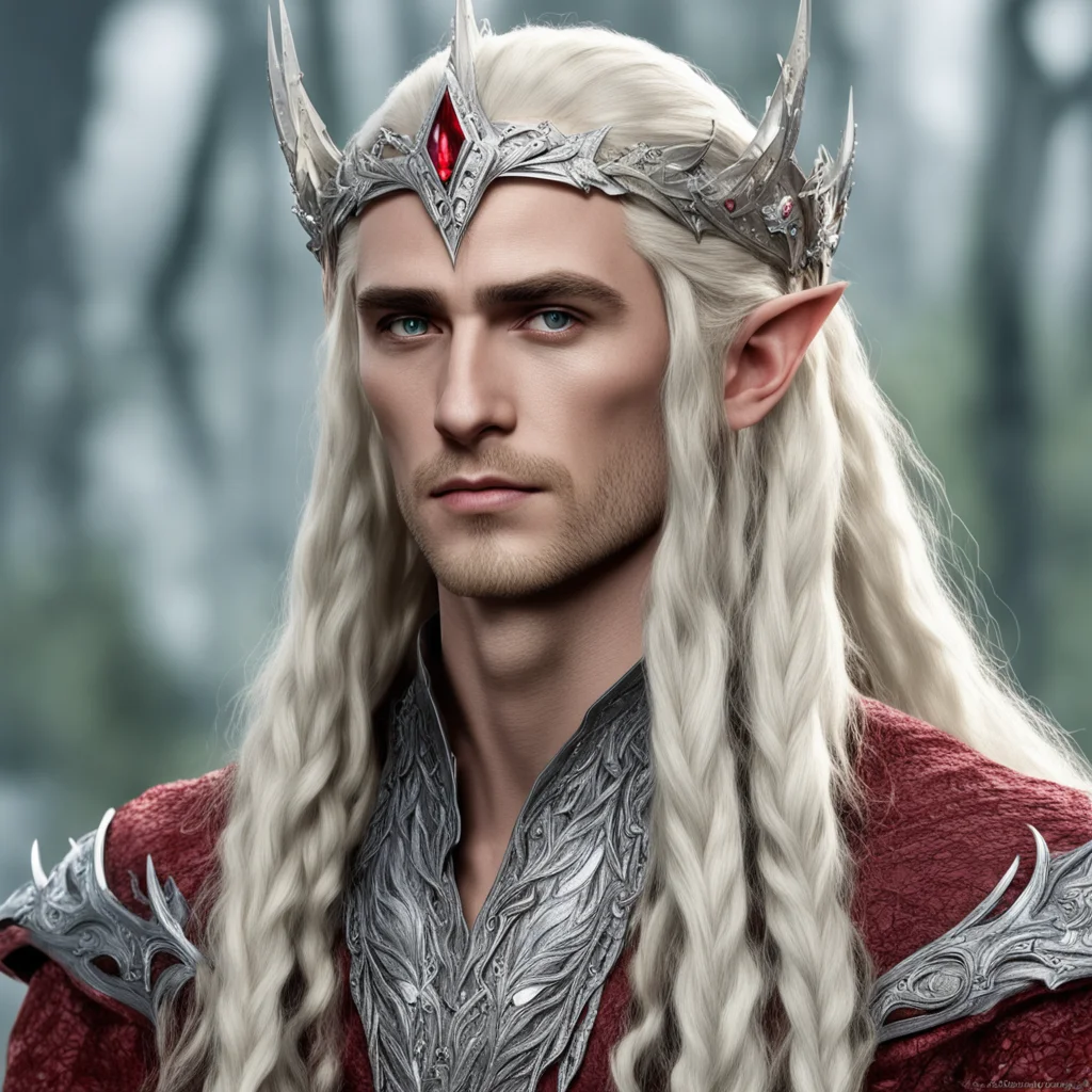 king thranduil with blond hair and braids wearing silver wood elven circlet studded with diamonds with large center reddish diamond 
