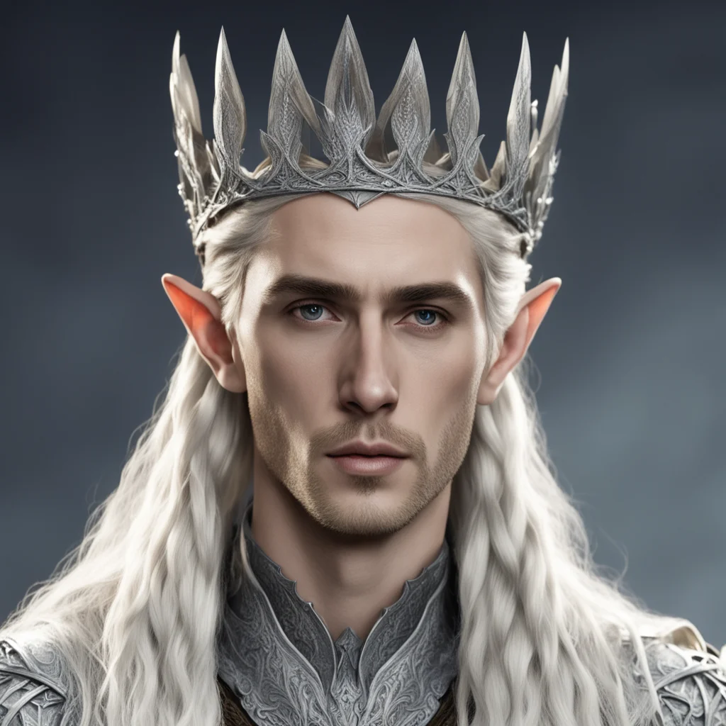 king thranduil with blond hair and braids wearing silver wood elvish crown with diamonds confident engaging wow artstation art 3