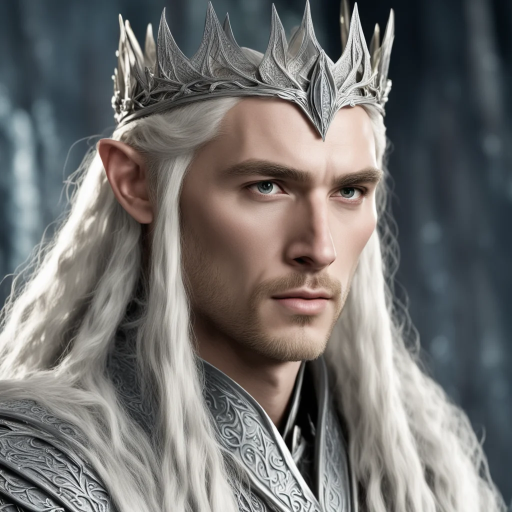 king thranduil with blond hair and braids wearing silver wood elvish crown with diamonds