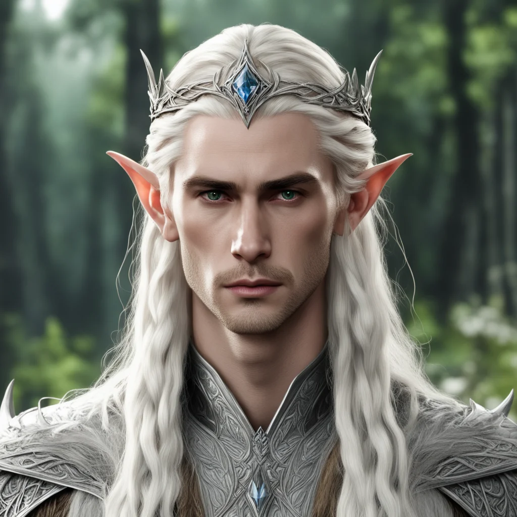 king thranduil with blond hair and braids wearing silver woodland elvish circlet with large center diamond  confident engaging wow artstation art 3