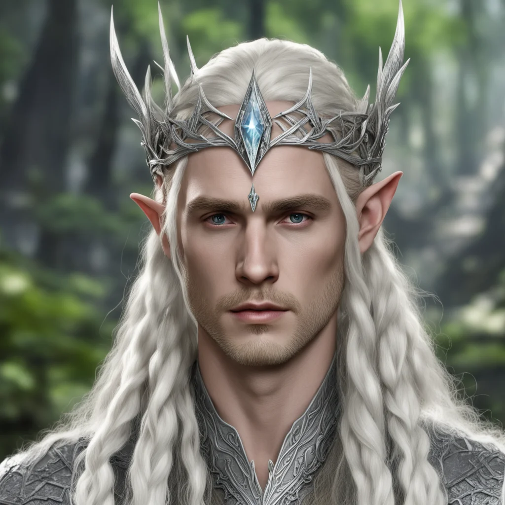 king thranduil with blond hair and braids wearing silver woodland elvish circlet with large center diamond