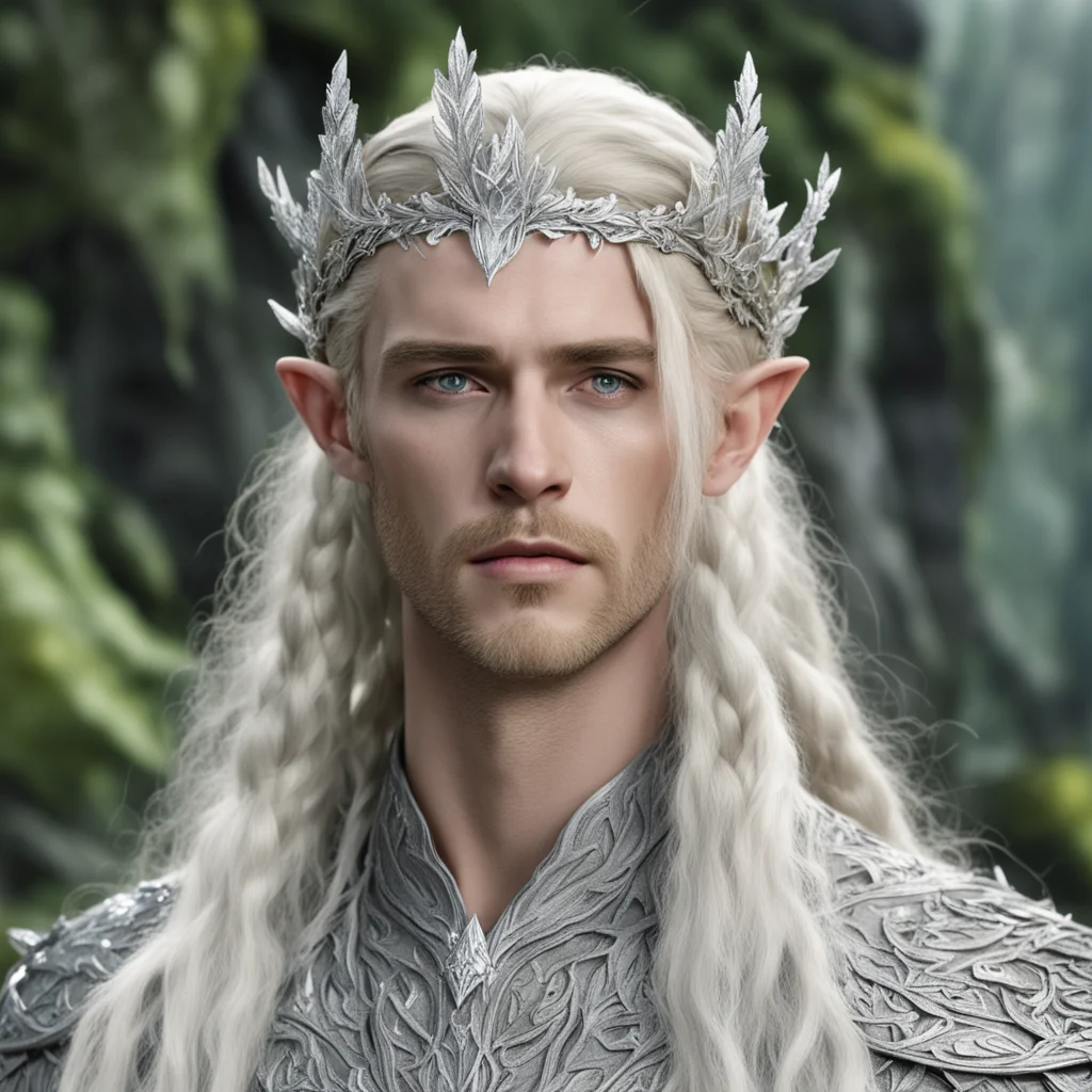 king thranduil with blond hair and braids wearing silver woodland elvish circlet with silver leaves encrusted with diamonds with large center diamond 