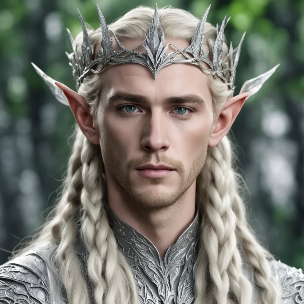 king thranduil with blond hair and braids wearing silver woodland elvish circlet with silver leaves encrusted with diamonds with large center diamond amazing awesome portrait 2