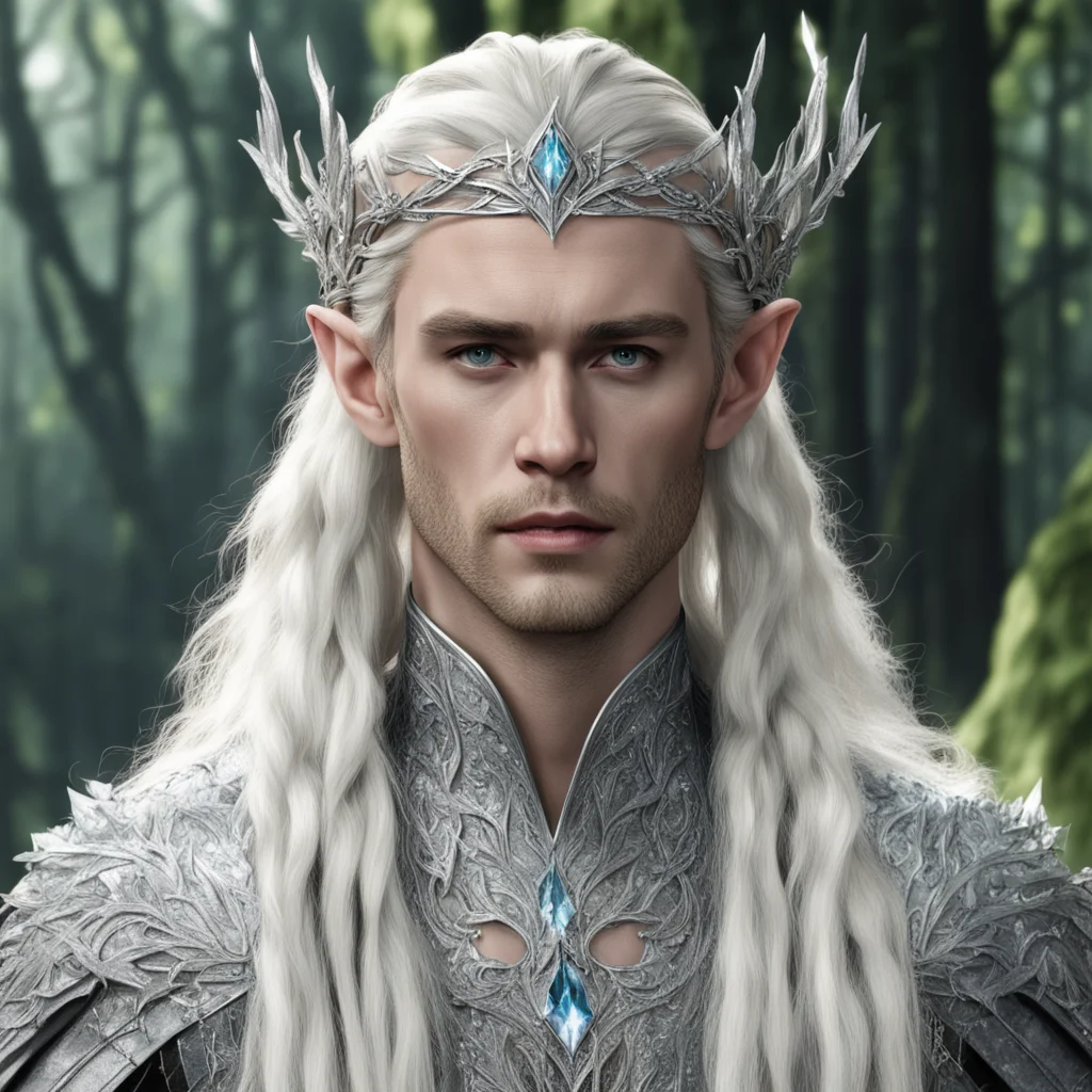 king thranduil with blond hair and braids wearing silver woodland elvish circlet with silver leaves encrusted with diamonds with large center diamond confident engaging wow artstation art 3