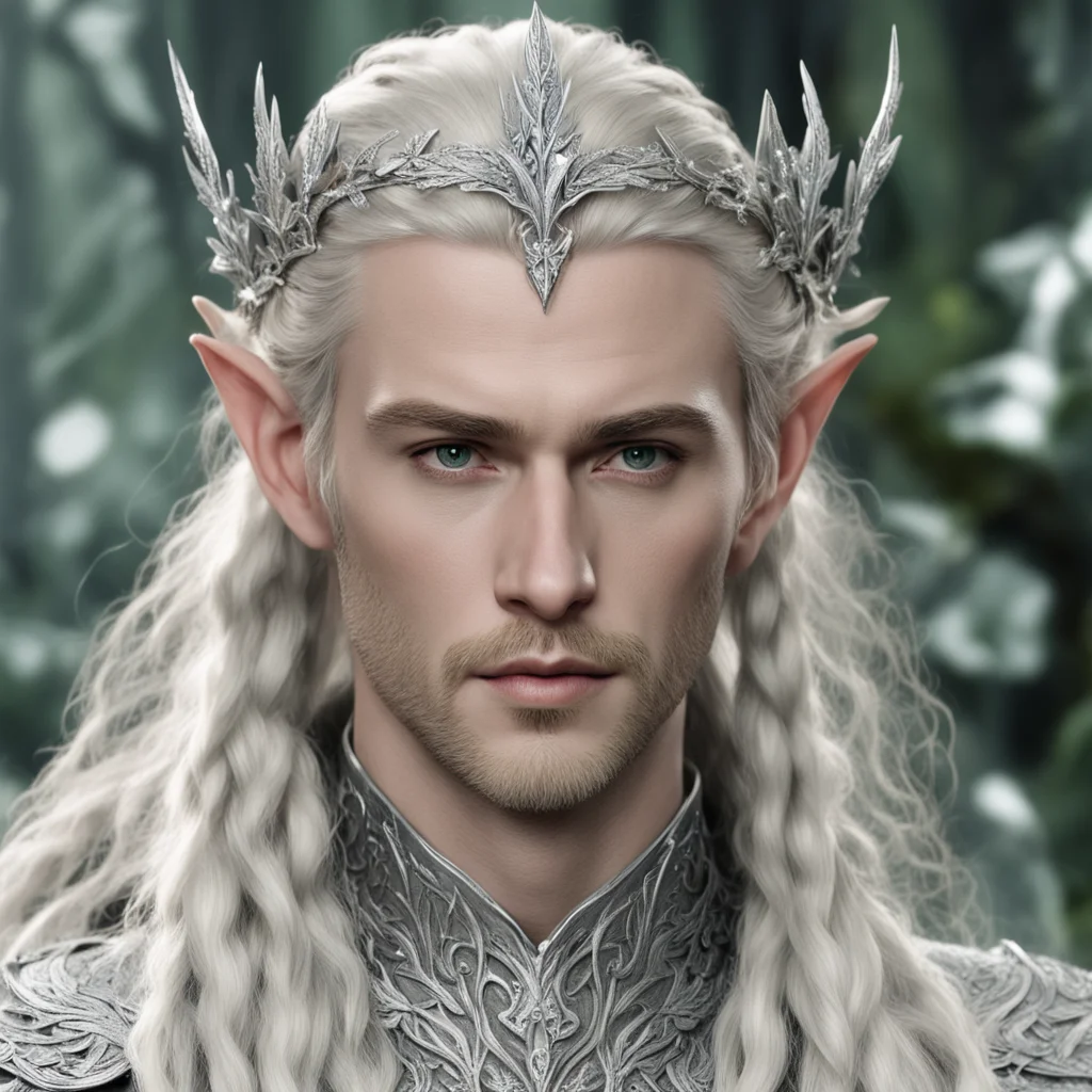 aiking thranduil with blond hair and braids wearing silver woodland elvish circlet with silver leaves encrusted with diamonds with large center diamond good looking trending fantastic 1