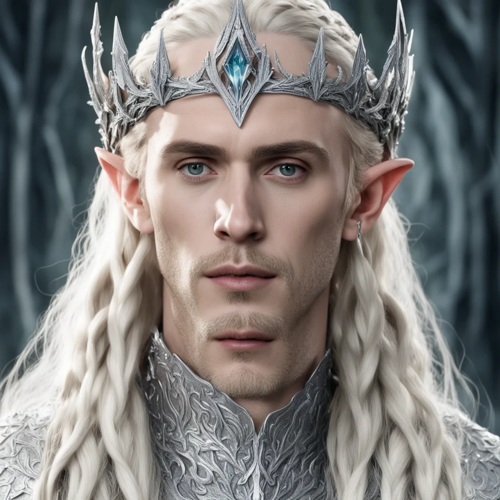 king thranduil with blond hair and braids wearing silver woodland elvish crown encrusted with diamonds and large center diamond amazing awesome portrait 2
