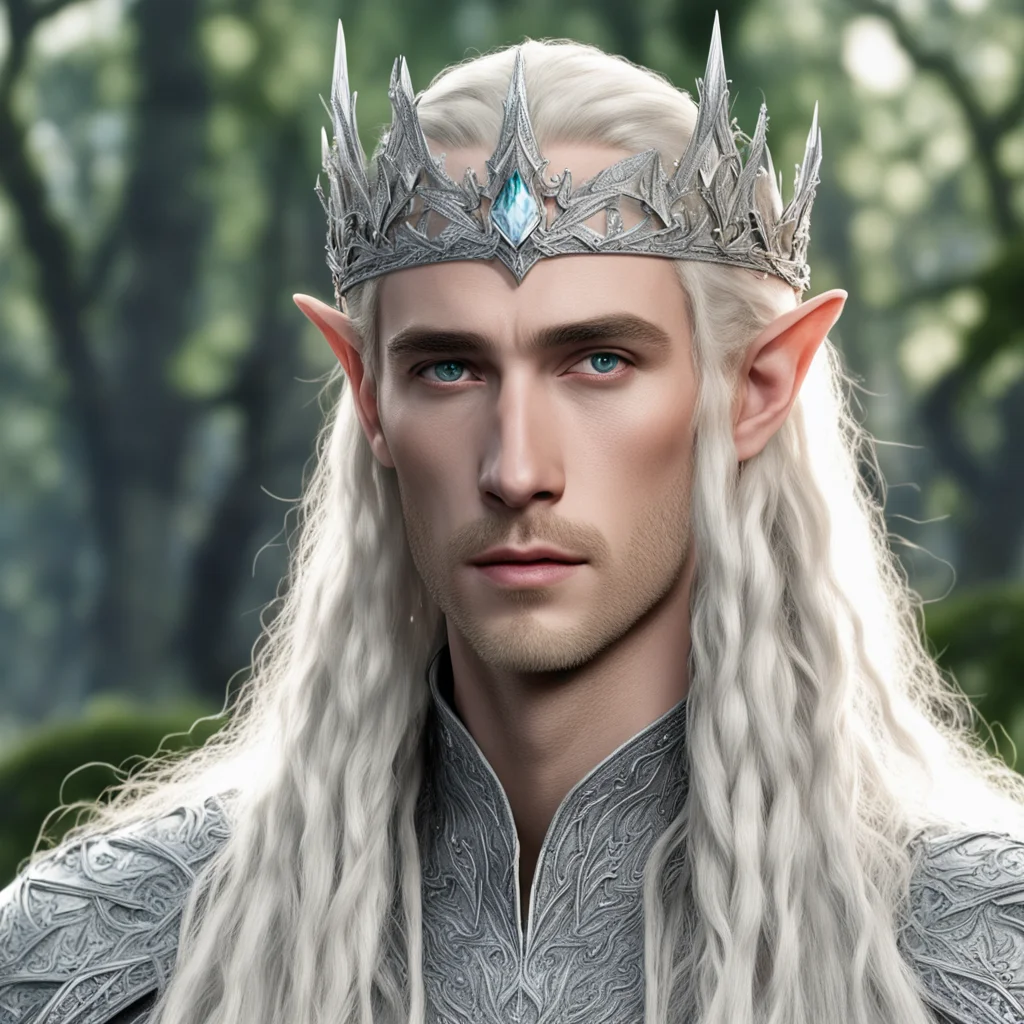 king thranduil with blond hair and braids wearing silver woodland elvish crown encrusted with diamonds and large center diamond good looking trending fantastic 1