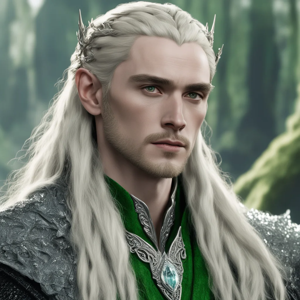 king thranduil with blond hair and braids wearing silver woodland hair forks encrusted with diamonds connected to a center large greenish diamond amazing awesome portrait 2