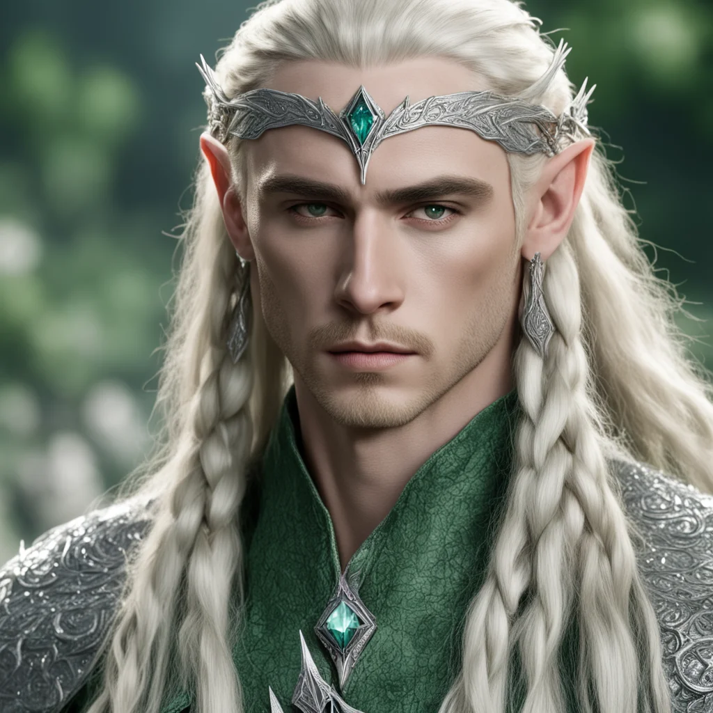 king thranduil with blond hair and braids wearing silver woodland hair forks encrusted with diamonds connected to a center large greenish diamond confident engaging wow artstation art 3