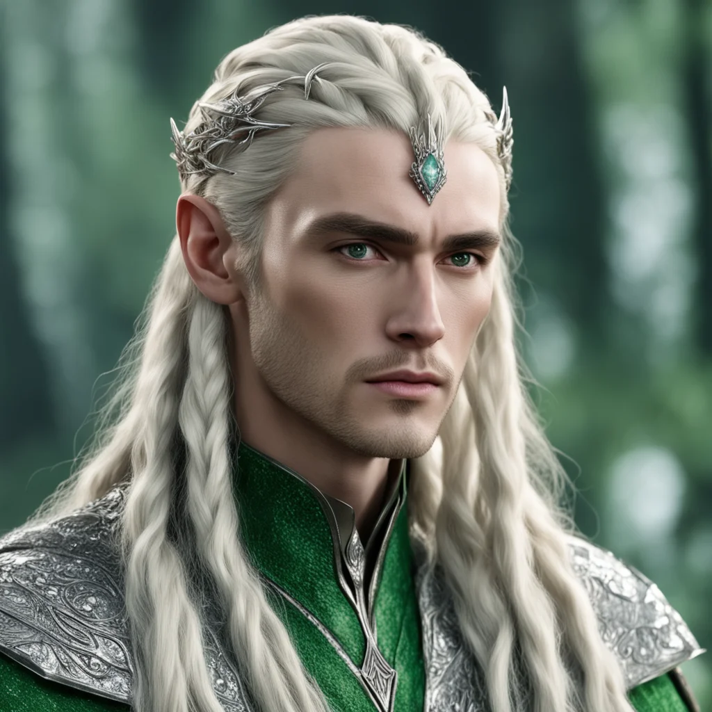 king thranduil with blond hair and braids wearing silver woodland hair forks encrusted with diamonds connected to a center large greenish diamond good looking trending fantastic 1