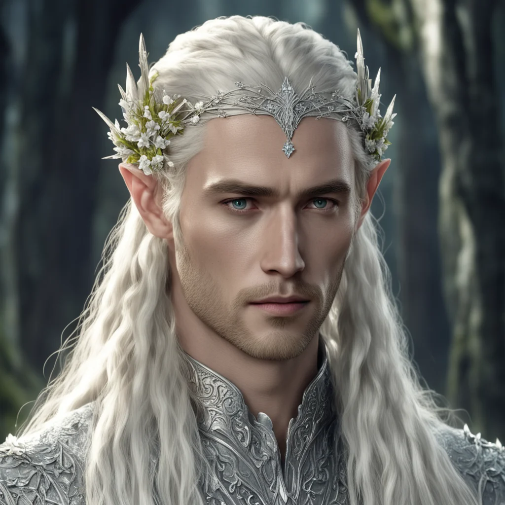 king thranduil with blond hair and braids wearing small flowers of silver that are heavily encrusted with diamonds connected to form silver elvish circlet with large central diamond