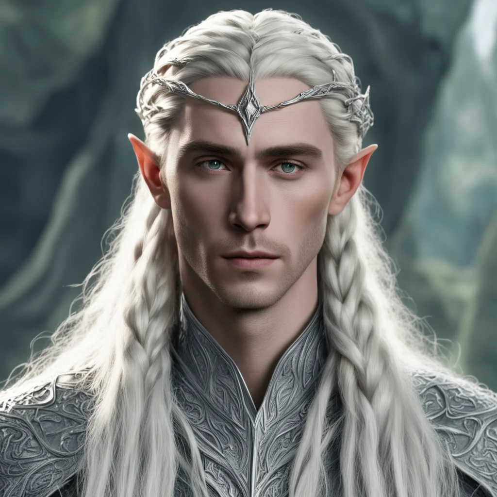 king thranduil with blond hair and braids wearing small silver elvish circlet composed of silver serpentine intertwined together with large center diamond  amazing awesome portrait 2