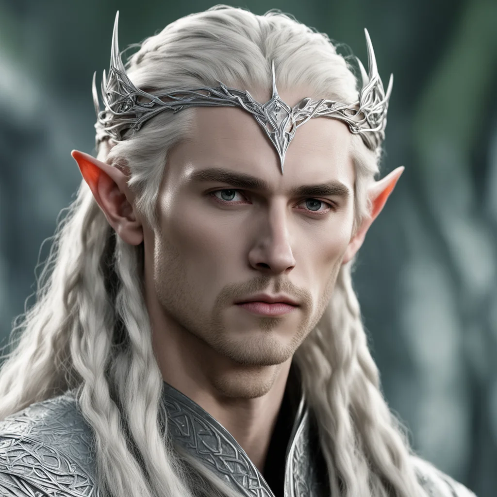 king thranduil with blond hair and braids wearing small silver elvish circlet composed of silver serpentine intertwined together with large center diamond  good looking trending fantastic 1