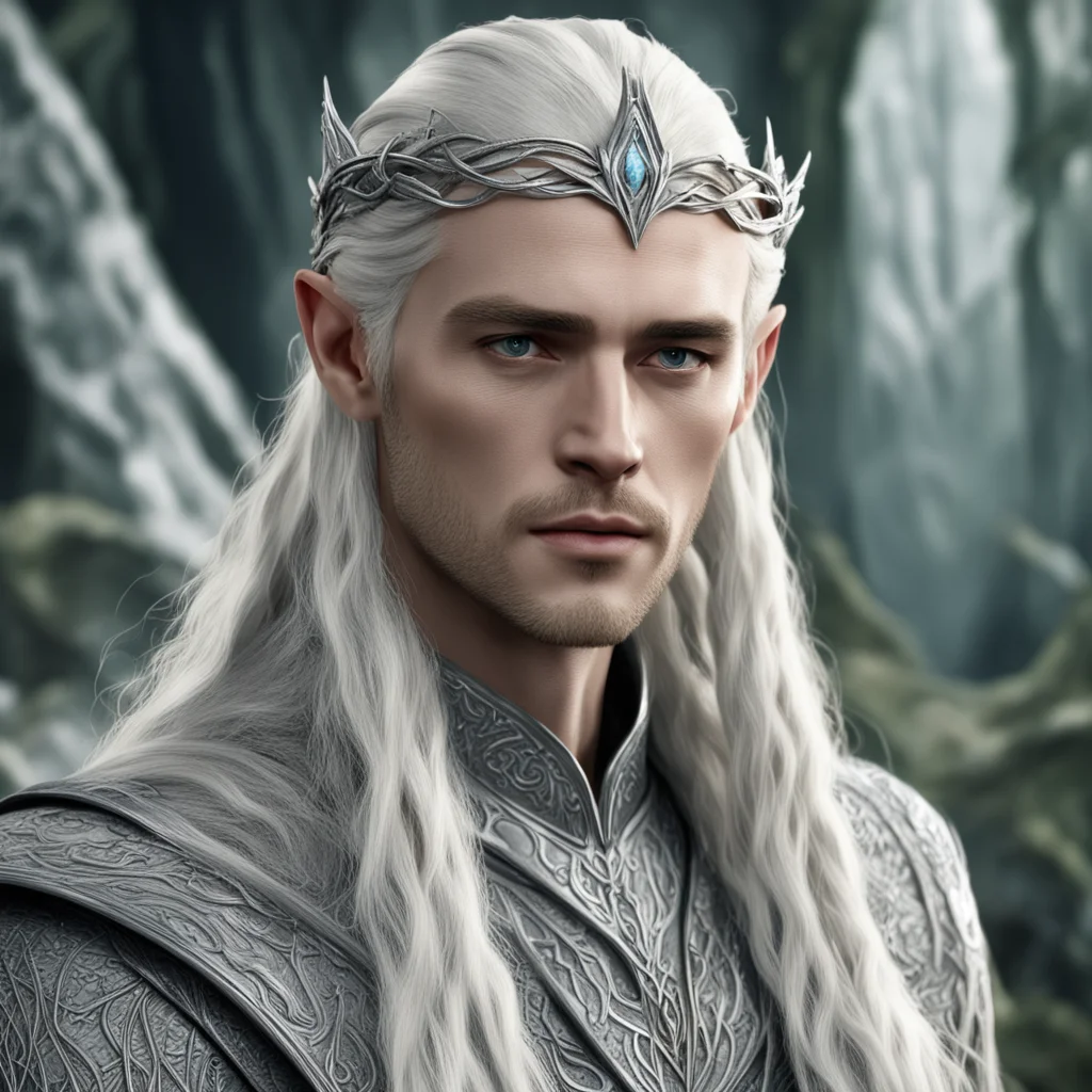 king thranduil with blond hair and braids wearing small silver elvish circlet composed of silver serpentine intertwined together with large center diamond 