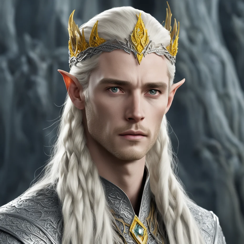 king thranduil with blond hair and braids wearing small silver elvish circlet encrusted with diamond with large center yellow diamond confident engaging wow artstation art 3