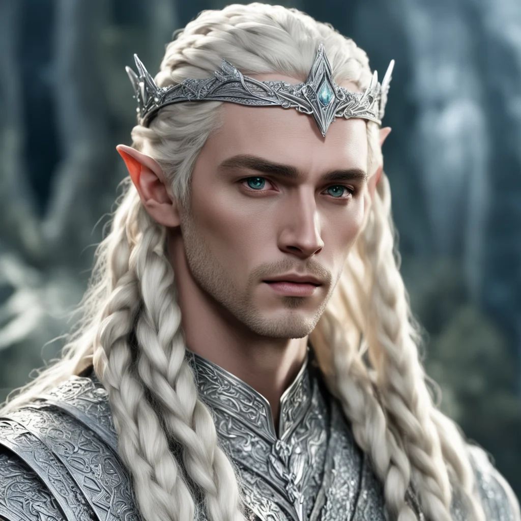 aiking thranduil with blond hair and braids wearing small silver elvish circlet heavily encrusted with large diamonds confident engaging wow artstation art 3