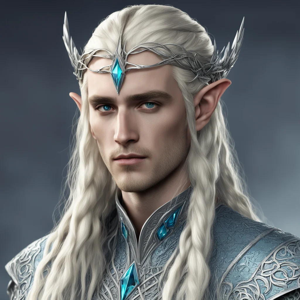king thranduil with blond hair and braids wearing small silver elvish circlet with center bluish diamond confident engaging wow artstation art 3
