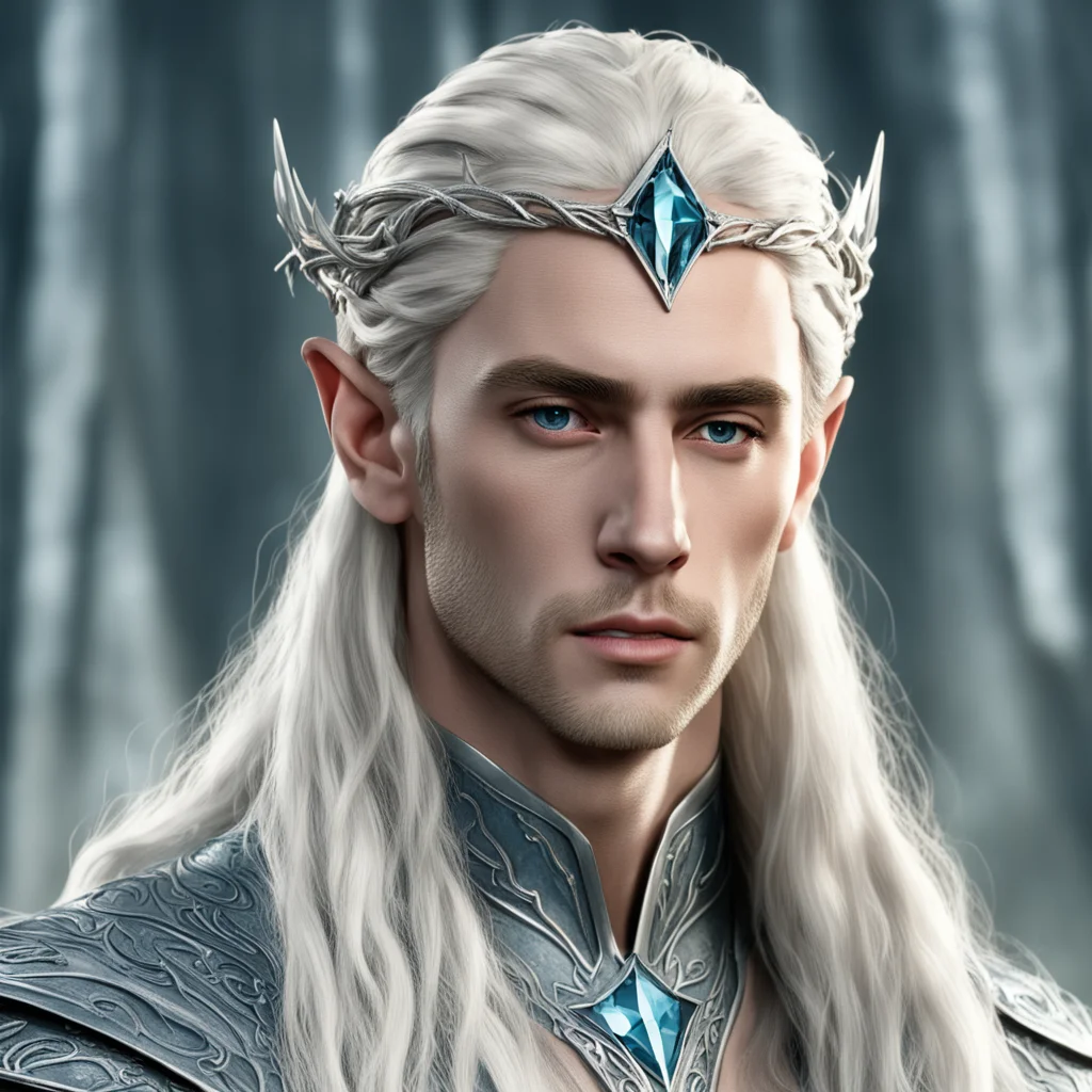 king thranduil with blond hair and braids wearing small silver elvish circlet with center bluish diamond good looking trending fantastic 1