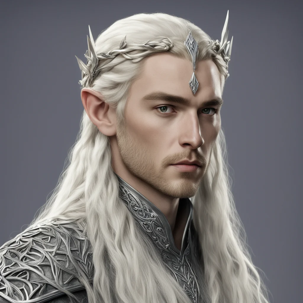 king thranduil with blond hair and braids wearing small silver elvish circlet with large center diamond  amazing awesome portrait 2