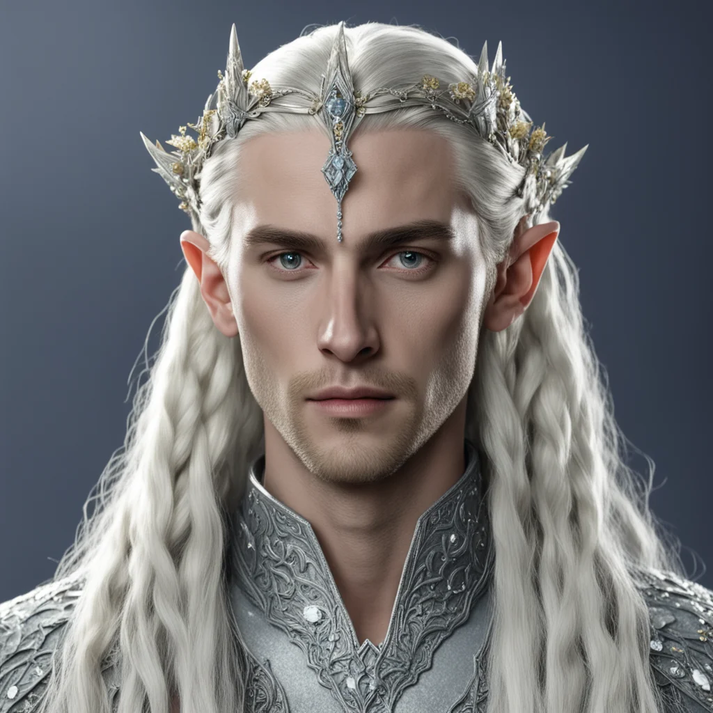 king thranduil with blond hair and braids wearing small silver flowers encrusted with diamonds in serpentine style to form a silver sindarin elvish circlet with large center diamond