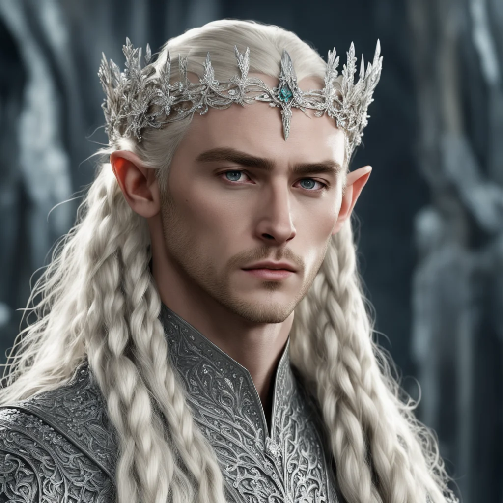 king thranduil with blond hair and braids wearing small silver flowers encrusted with diamonds to form a small silver elvish circlet with large center diamond amazing awesome portrait 2
