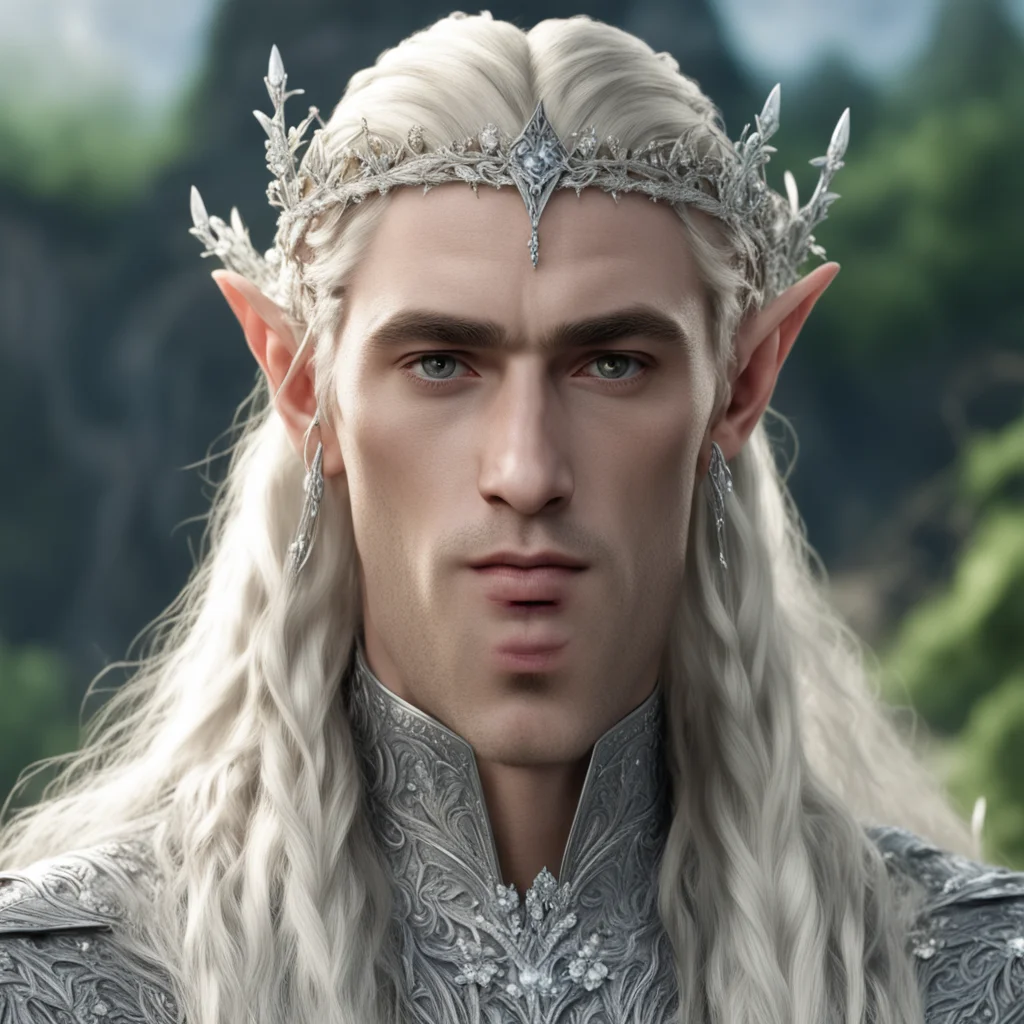 king thranduil with blond hair and braids wearing small silver flowers encrusted with diamonds to form small silver elvish circlet with large center diamond  amazing awesome portrait 2