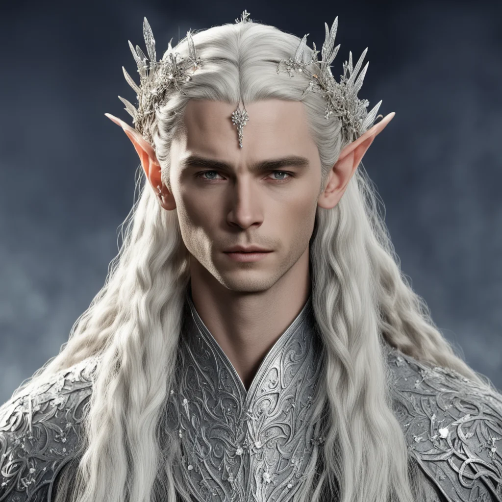 king thranduil with blond hair and braids wearing small silver flowers encrusted with diamonds to form small silver elvish circlet with large center diamond  good looking trending fantastic 1