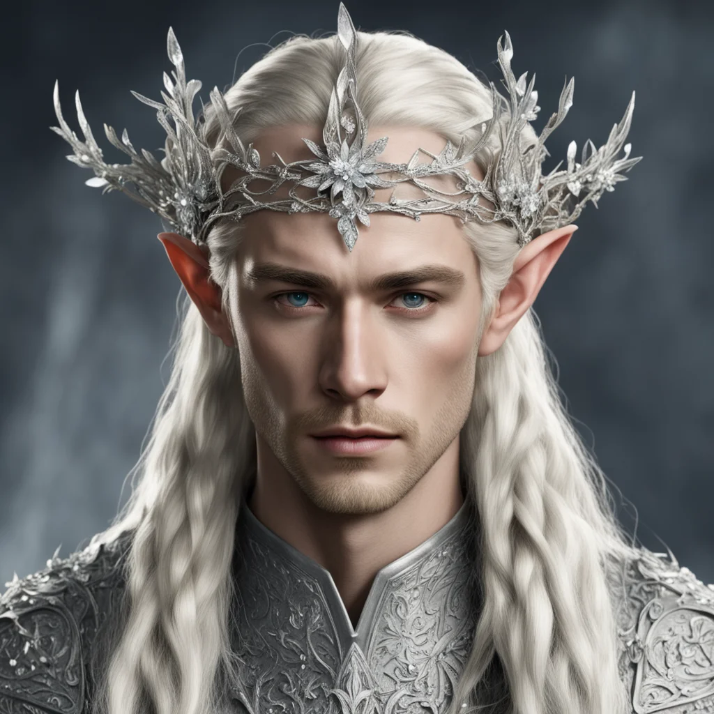 king thranduil with blond hair and braids wearing small silver flowers encrusted with diamonds to form small silver elvish circlet with large center diamond