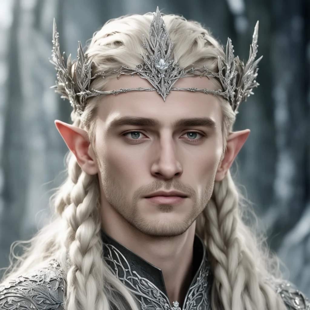 king thranduil with blond hair and braids wearing small silver ivy leaves encrusted with diamonds to form a small silver elvish coronet with large center diamond
